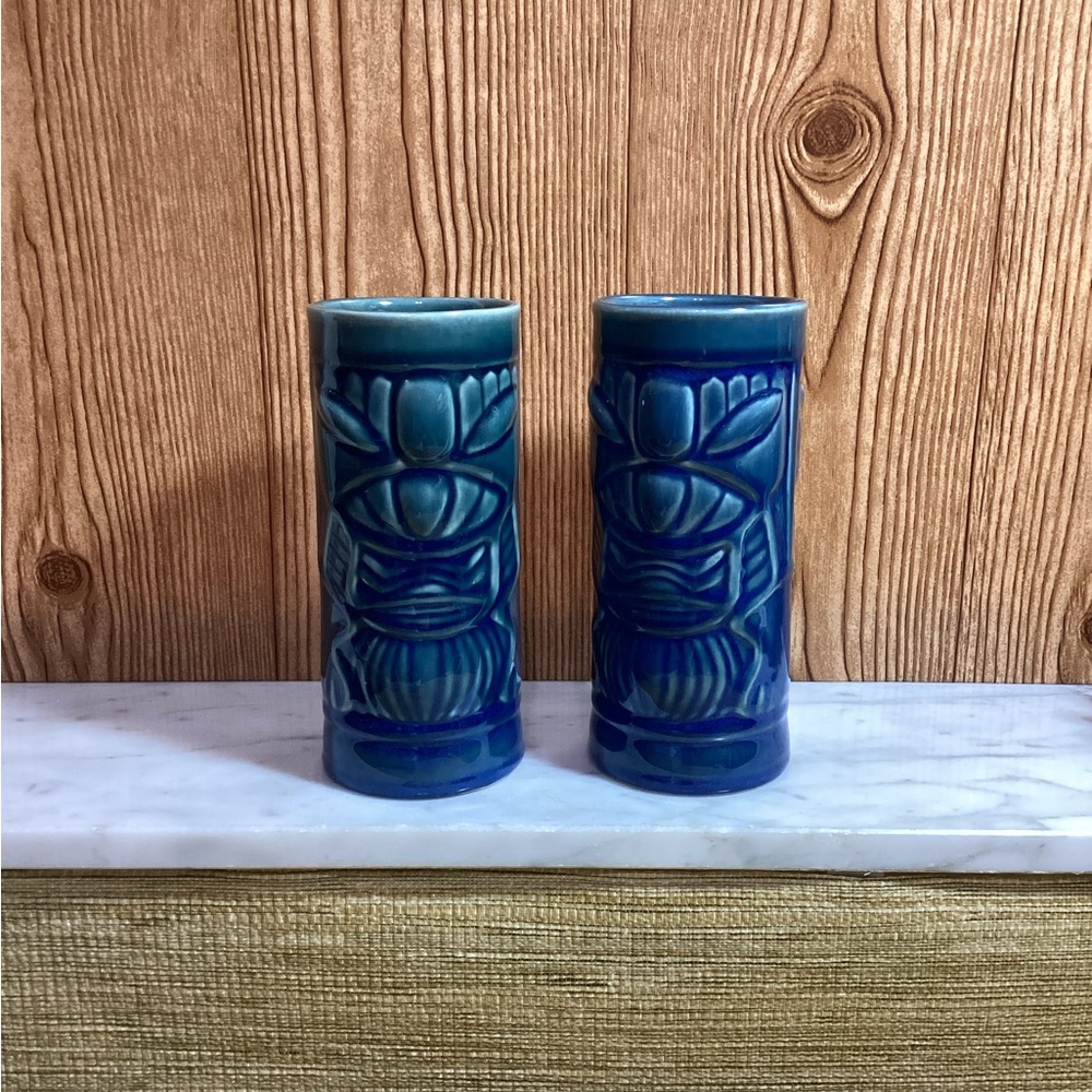 Libbey Hawaiian Deep Blue Tiki Mugs set of 2